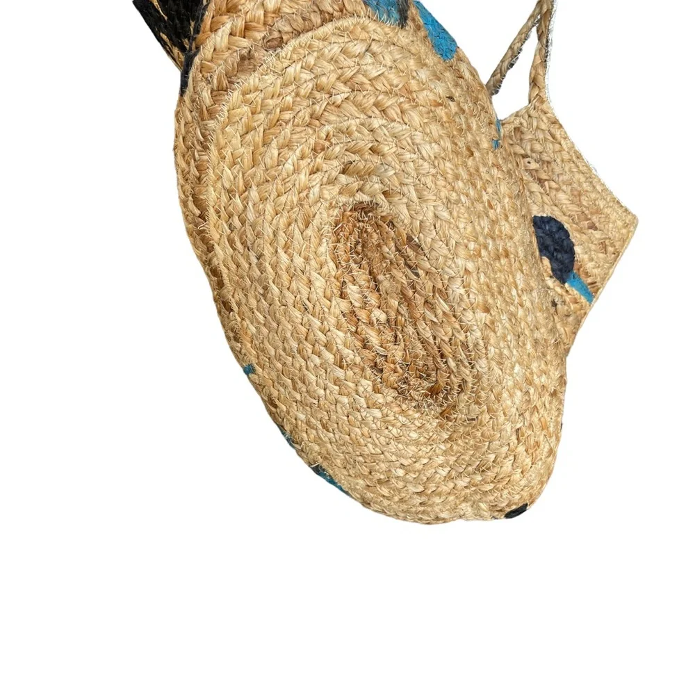 Woven Straw Tote Bag with Blue Floral Print and Tassel